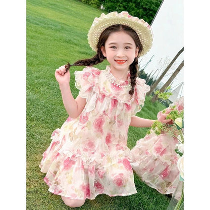 [Princess Mankadi] Dress for kids girl Sweet princess style floral pattern tulle skirt christmas party outfit