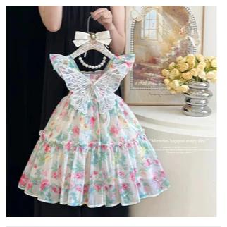 [PRINCESSMankaidi] Lovely Girl Sling Butterfly Princess Tulle Dress Cute Little Flower Summer Dresses Kids Girl Party T