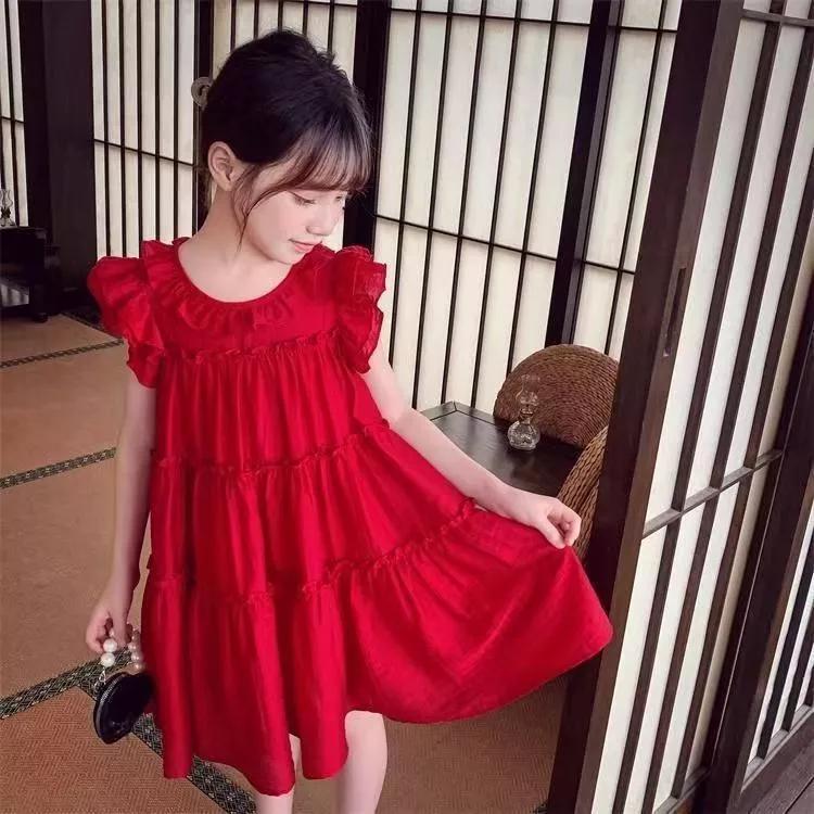 [PRINCESSMankaidi] Girls dress stylish children's flying sleeves dress princess dress bright red dress