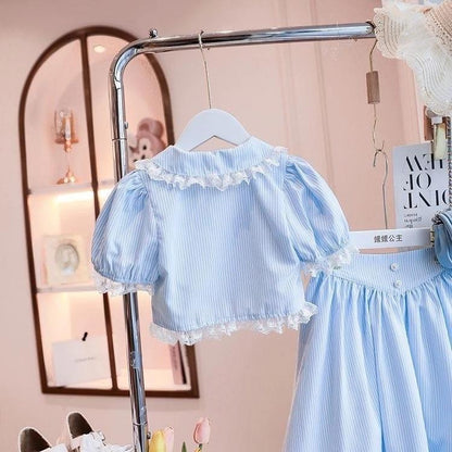 [Princess Mankadi] Girls Terno Outfit French oil painting style lace-trimmed collar Top And midi skirt Set For Kids Gir
