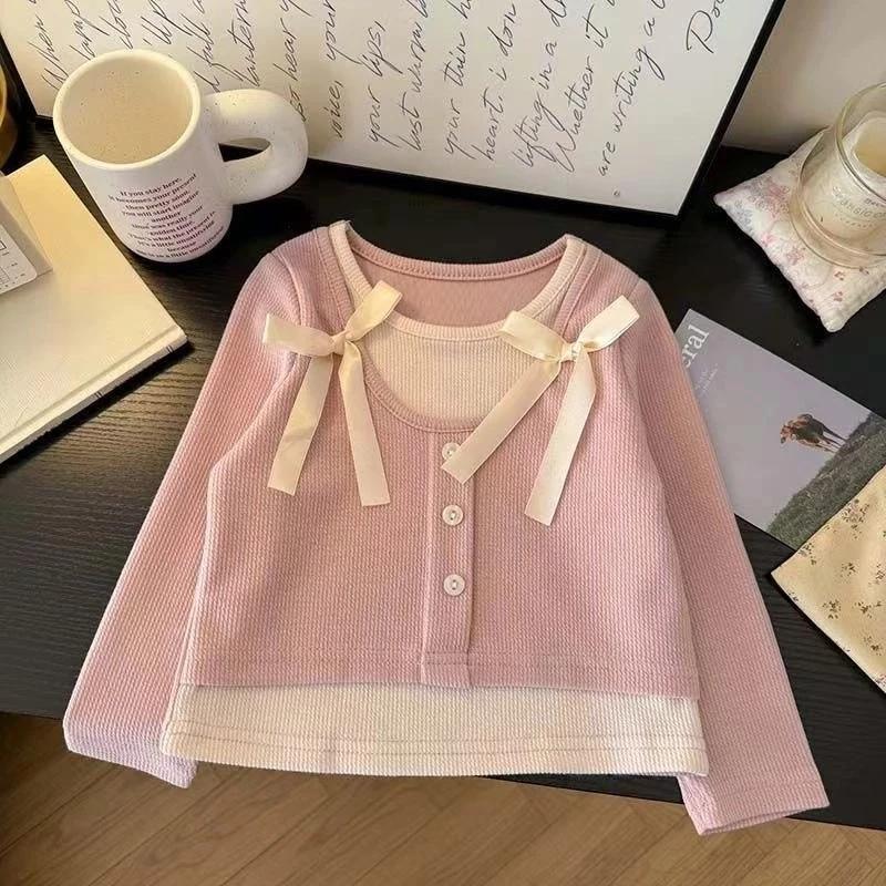 [PRINCESSMankaidi] 2-11 Years Old Sweet Girls Fake Two Piece Shirt Summer Bow T-shirt Cute Stretch