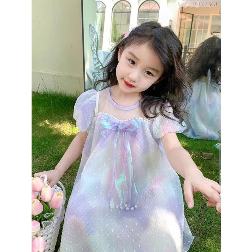 [PRINCESSMankaidi]Mermaid Princess Dress Girls' Summer Outfit Stylish Bow Children's Dress
