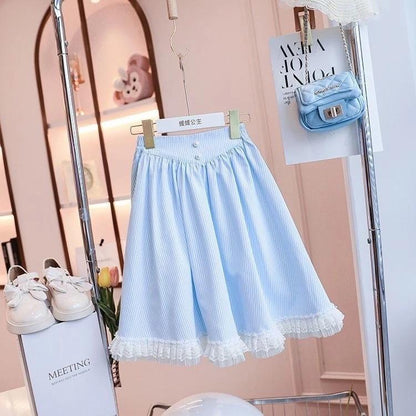 [Princess Mankadi] Girls Terno Outfit French oil painting style lace-trimmed collar Top And midi skirt Set For Kids Gir