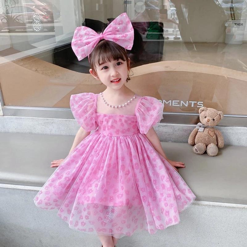 [PRINCESSMankaidi] 2-9 Years Girls' Magenta Headband Party Dress Imported Birthday Party Ribbon Dress