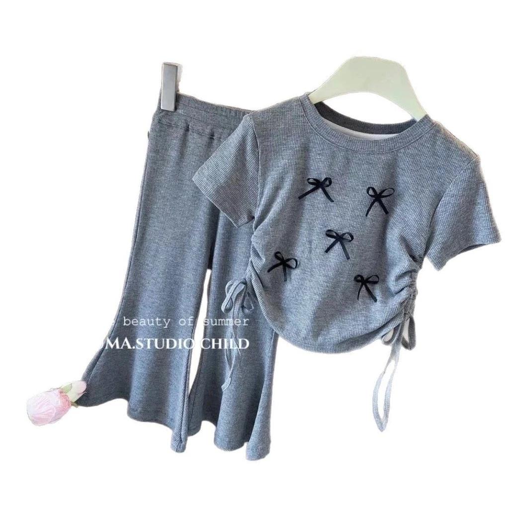 [Princess Mankadi] Terno for Kid Girl formal Bow Design Top Drawstring Flare Pants Suit Two-piece Set