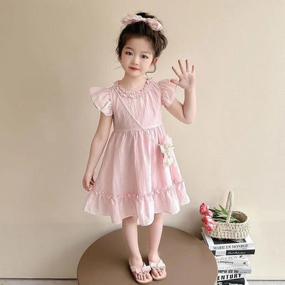 [Princess Mankadi] Dress for kids girl casual Solid color flutter sleeves summer cotton dress