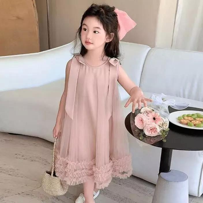 [PRINCESSMankaidi] Girls Korean summer dress Children's bow mesh princess dress Baby sleeveless dress