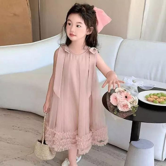 [PRINCESSMankaidi] Girls Korean summer dress Children's bow mesh princess dress Baby sleeveless dress