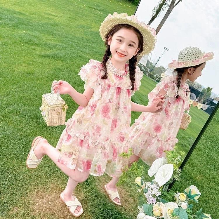 [Princess Mankadi] Dress for kids girl Sweet princess style floral pattern tulle skirt christmas party outfit