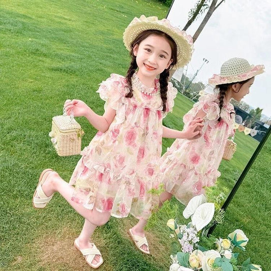 [Princess Mankadi] Dress for kids girl Sweet princess style floral pattern tulle skirt christmas party outfit