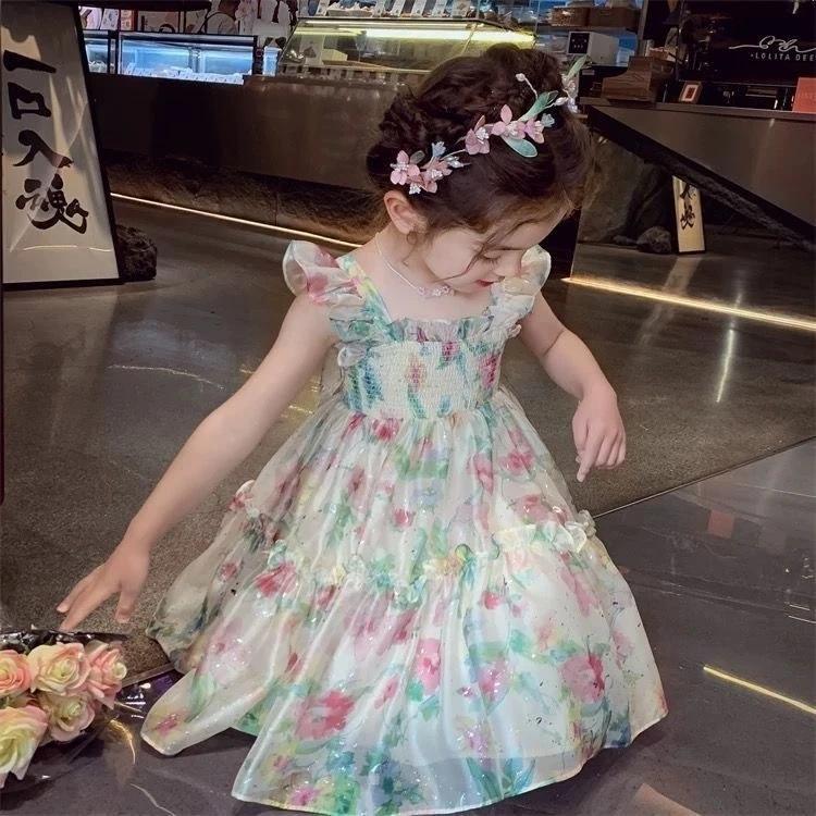 [PRINCESSMankaidi] Lovely Girl Sling Butterfly Princess Tulle Dress Cute Little Flower Summer Dresses Kids Girl Party T