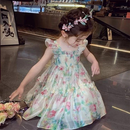 [PRINCESSMankaidi] Lovely Girl Sling Butterfly Princess Tulle Dress Cute Little Flower Summer Dresses Kids Girl Party T