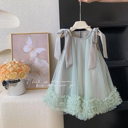 [PRINCESSMankaidi] Girls Korean summer dress Children's bow mesh princess dress Baby sleeveless dress