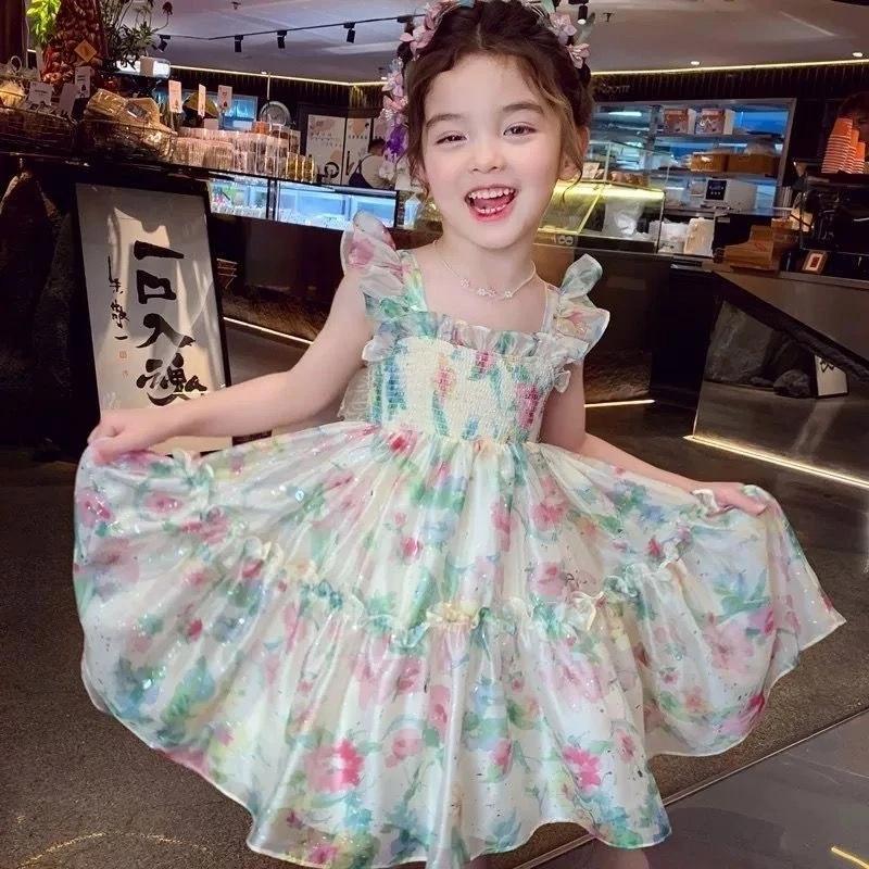 [PRINCESSMankaidi] Lovely Girl Sling Butterfly Princess Tulle Dress Cute Little Flower Summer Dresses Kids Girl Party T