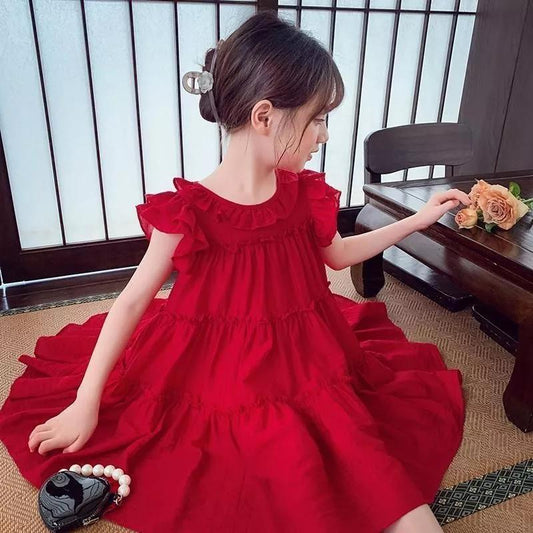 [PRINCESSMankaidi] Girls dress stylish children's flying sleeves dress princess dress bright red dress