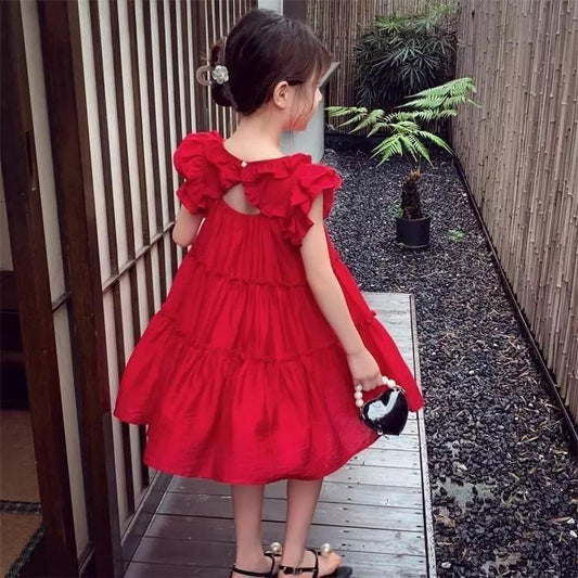 [PRINCESSMankaidi] Girls dress stylish children's flying sleeves dress princess dress bright red dress