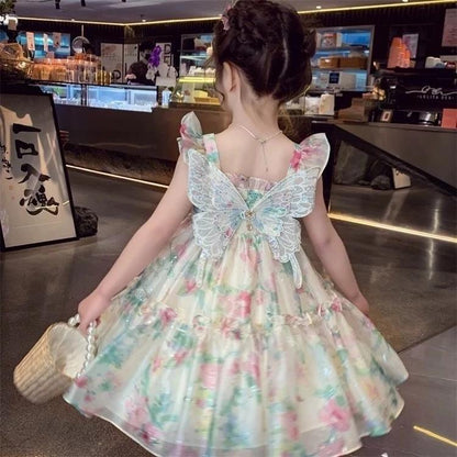 [PRINCESSMankaidi] Lovely Girl Sling Butterfly Princess Tulle Dress Cute Little Flower Summer Dresses Kids Girl Party T