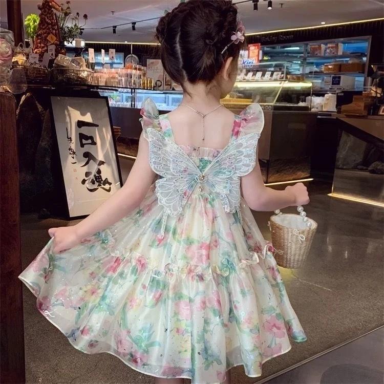 [PRINCESSMankaidi] Lovely Girl Sling Butterfly Princess Tulle Dress Cute Little Flower Summer Dresses Kids Girl Party T