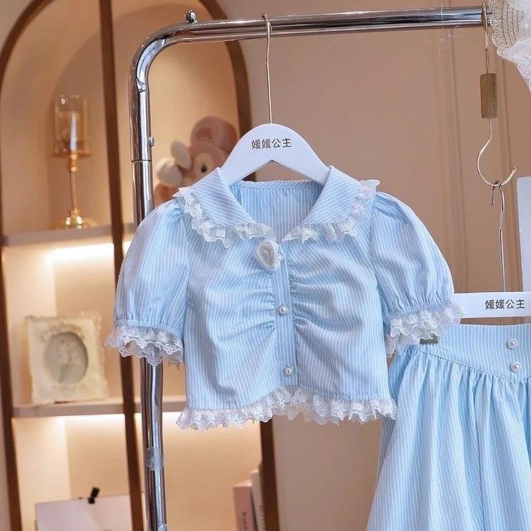 [Princess Mankadi] Girls Terno Outfit French oil painting style lace-trimmed collar Top And midi skirt Set For Kids Gir