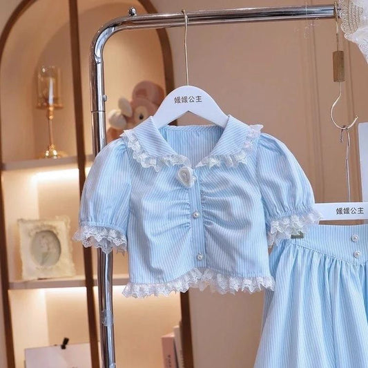 [Princess Mankadi] Girls Terno Outfit French oil painting style lace-trimmed collar Top And midi skirt Set For Kids Gir