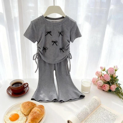 [Princess Mankadi] Terno for Kid Girl formal Bow Design Top Drawstring Flare Pants Suit Two-piece Set