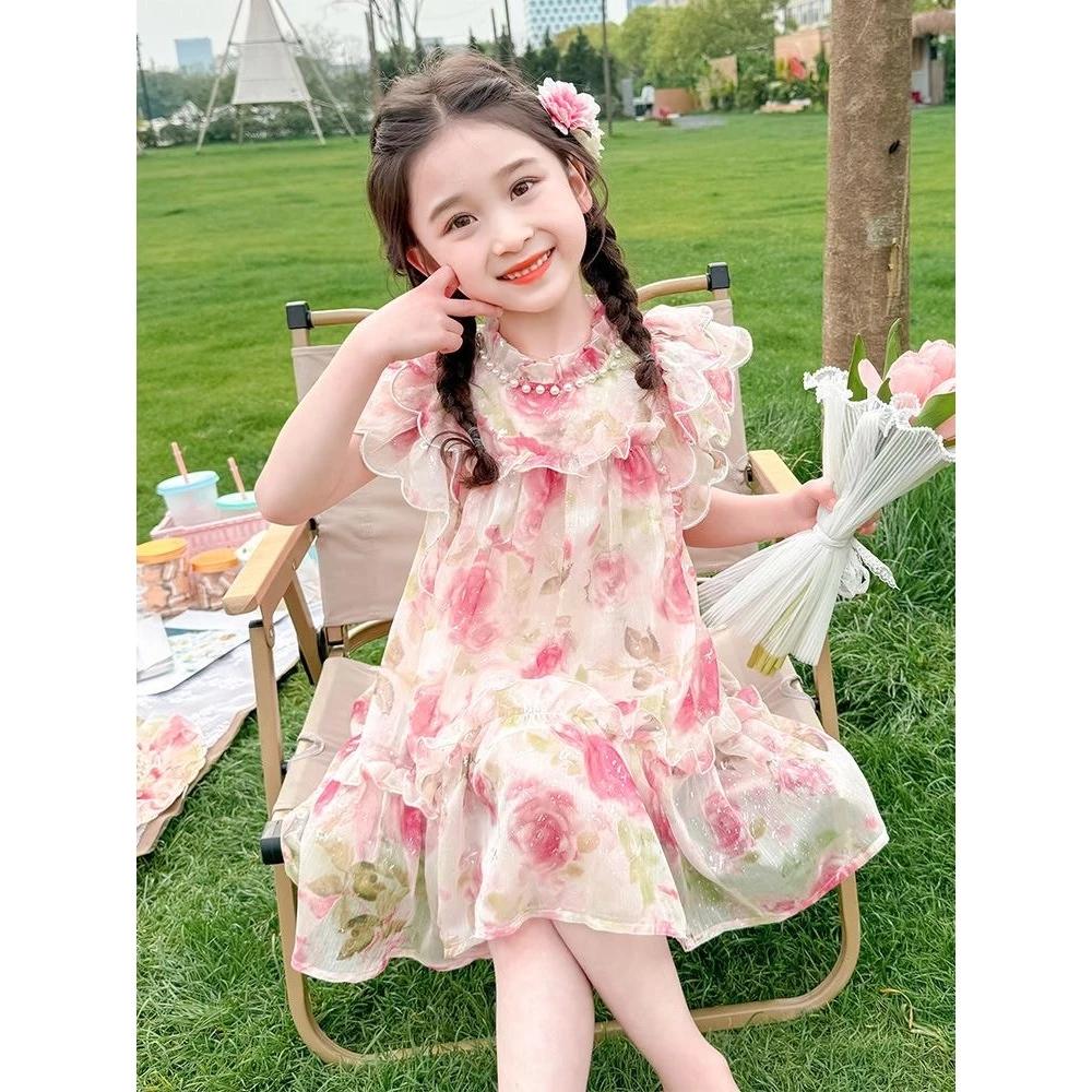 [Princess Mankadi] Dress for kids girl Sweet princess style floral pattern tulle skirt christmas party outfit