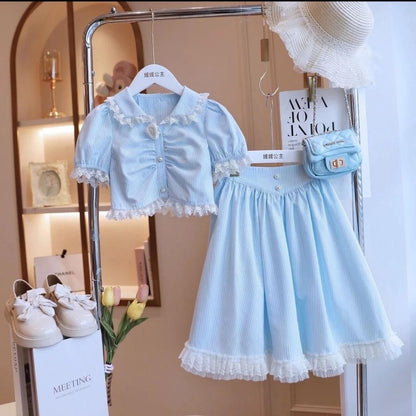 [Princess Mankadi] Girls Terno Outfit French oil painting style lace-trimmed collar Top And midi skirt Set For Kids Gir