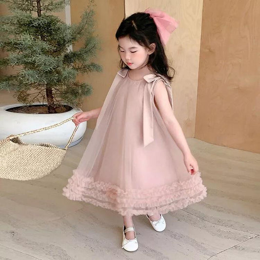 [PRINCESSMankaidi] Girls Korean summer dress Children's bow mesh princess dress Baby sleeveless dress