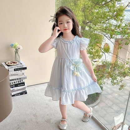 [Princess Mankadi] Dress for kids girl casual Solid color flutter sleeves summer cotton dress