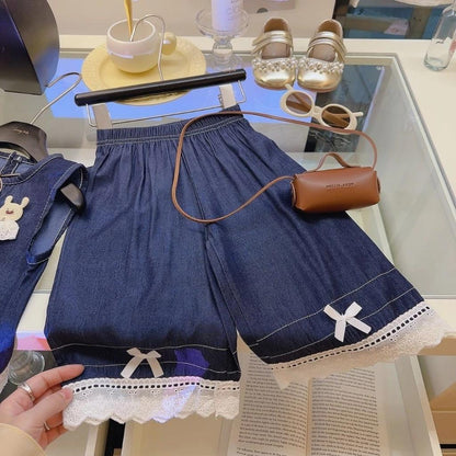 [Princess Mankadi] 1-9y/old Kids Girls' terno denim suit summer three-dimensional doll lace vest sleeveless