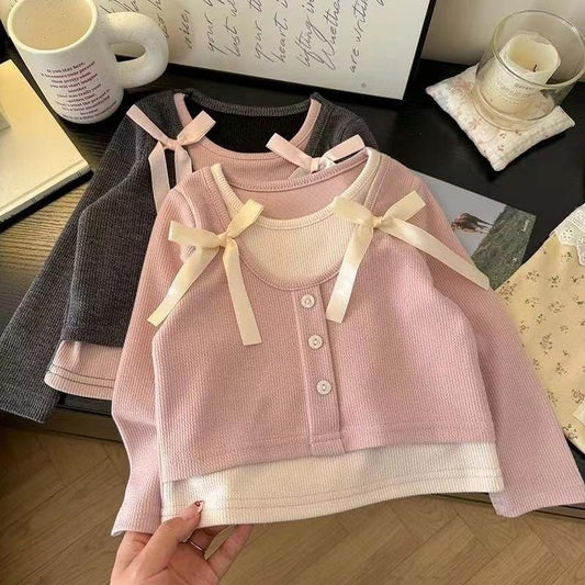 [PRINCESSMankaidi] 2-11 Years Old Sweet Girls Fake Two Piece Shirt Summer Bow T-shirt Cute Stretch