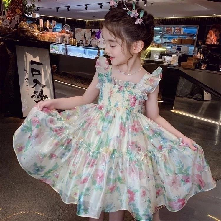 [PRINCESSMankaidi] Lovely Girl Sling Butterfly Princess Tulle Dress Cute Little Flower Summer Dresses Kids Girl Party T