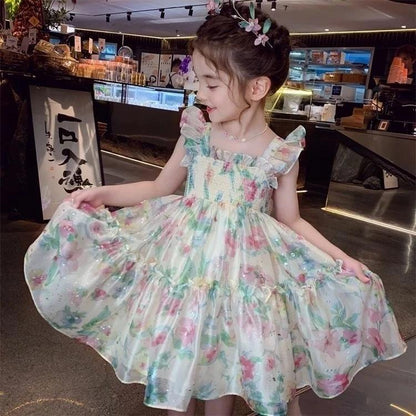[PRINCESSMankaidi] Lovely Girl Sling Butterfly Princess Tulle Dress Cute Little Flower Summer Dresses Kids Girl Party T