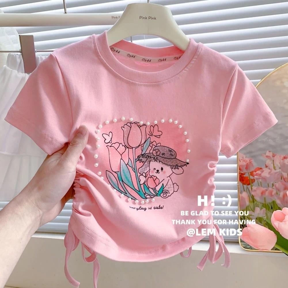 [Princess Mankadi] 2-10 years old pink white T-shirt girl drawstring top comfortable soft clothes