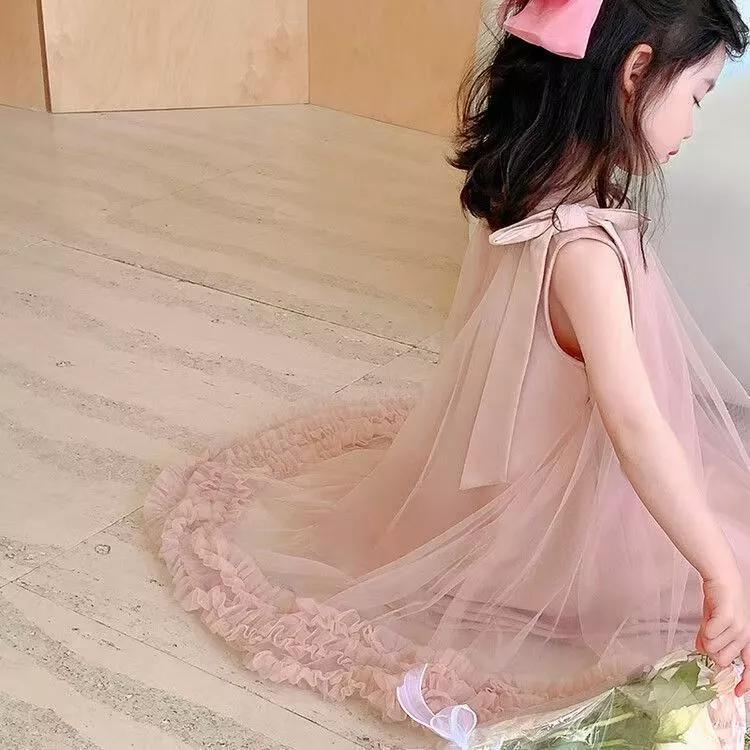 [PRINCESSMankaidi] Girls Korean summer dress Children's bow mesh princess dress Baby sleeveless dress