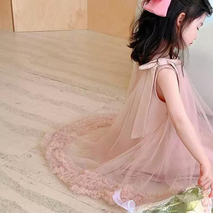 [PRINCESSMankaidi] Girls Korean summer dress Children's bow mesh princess dress Baby sleeveless dress