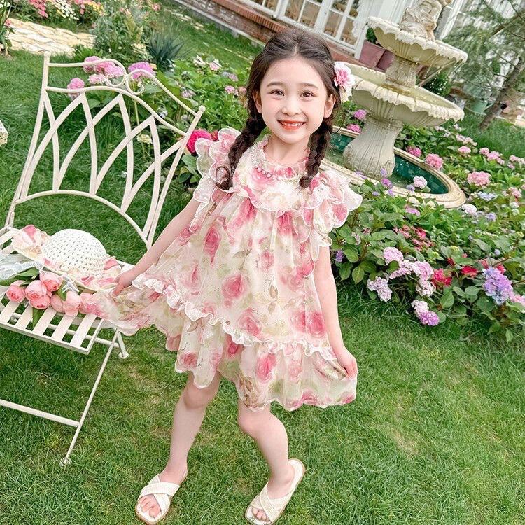 [Princess Mankadi] Dress for kids girl Sweet princess style floral pattern tulle skirt christmas party outfit
