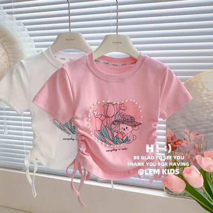 [Princess Mankadi] 2-10 years old pink white T-shirt girl drawstring top comfortable soft clothes