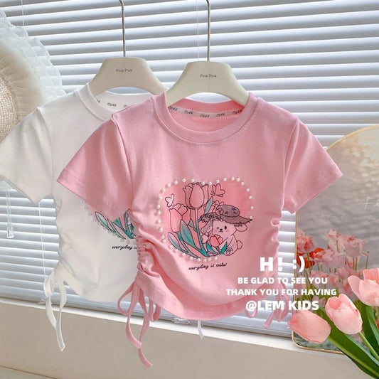 [Princess Mankadi] 2-10 years old pink white T-shirt girl drawstring top comfortable soft clothes