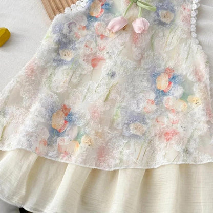 [PRINCESSMankaidi]Girls Sleeveless Tulip Print Dress with Bow – Soft Cotton Summer Dress for Ages 3-7, Sweet Princess