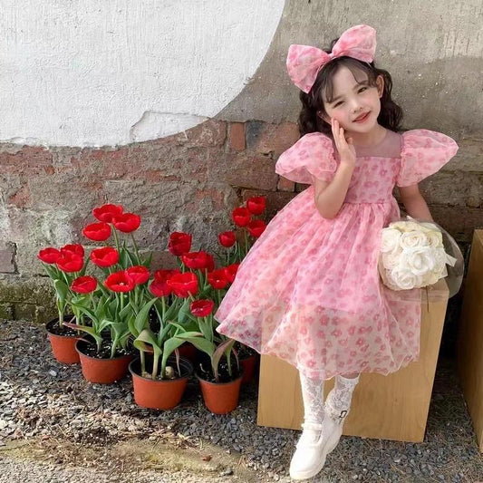[PRINCESSMankaidi] 2-9 Years Girls' Magenta Headband Party Dress Imported Birthday Party Ribbon Dress