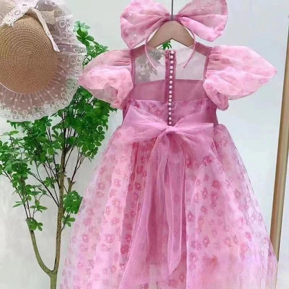 [PRINCESSMankaidi] 2-9 Years Girls' Magenta Headband Party Dress Imported Birthday Party Ribbon Dress