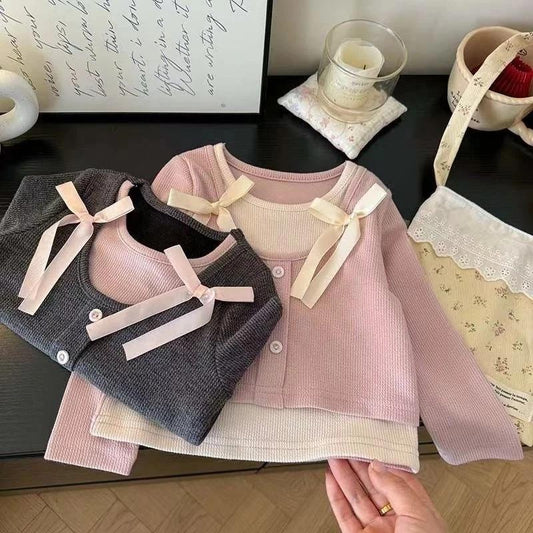 [PRINCESSMankaidi] 2-11 Years Old Sweet Girls Fake Two Piece Shirt Summer Bow T-shirt Cute Stretch