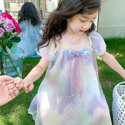 [PRINCESSMankaidi]Mermaid Princess Dress Girls' Summer Outfit Stylish Bow Children's Dress