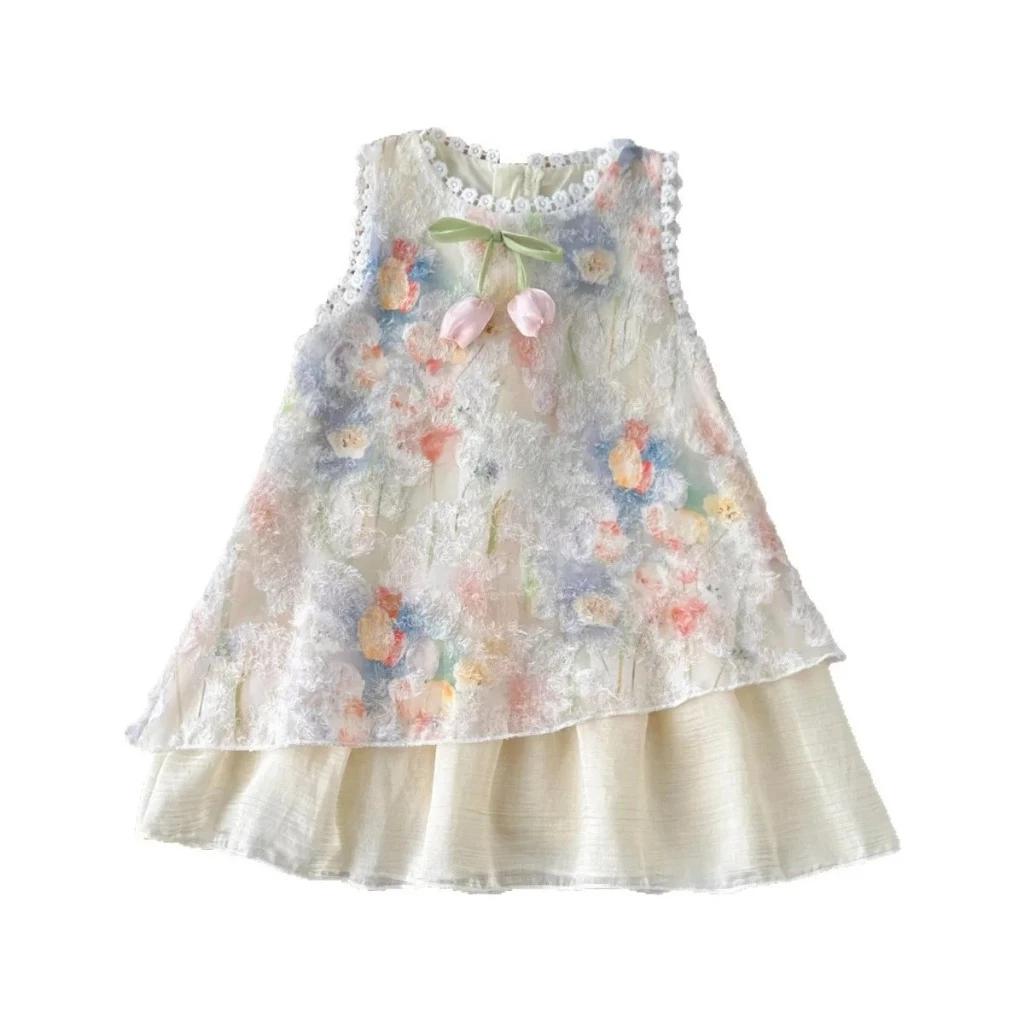 [PRINCESSMankaidi]Girls Sleeveless Tulip Print Dress with Bow – Soft Cotton Summer Dress for Ages 3-7, Sweet Princess