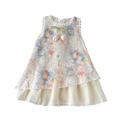 [PRINCESSMankaidi]Girls Sleeveless Tulip Print Dress with Bow – Soft Cotton Summer Dress for Ages 3-7, Sweet Princess