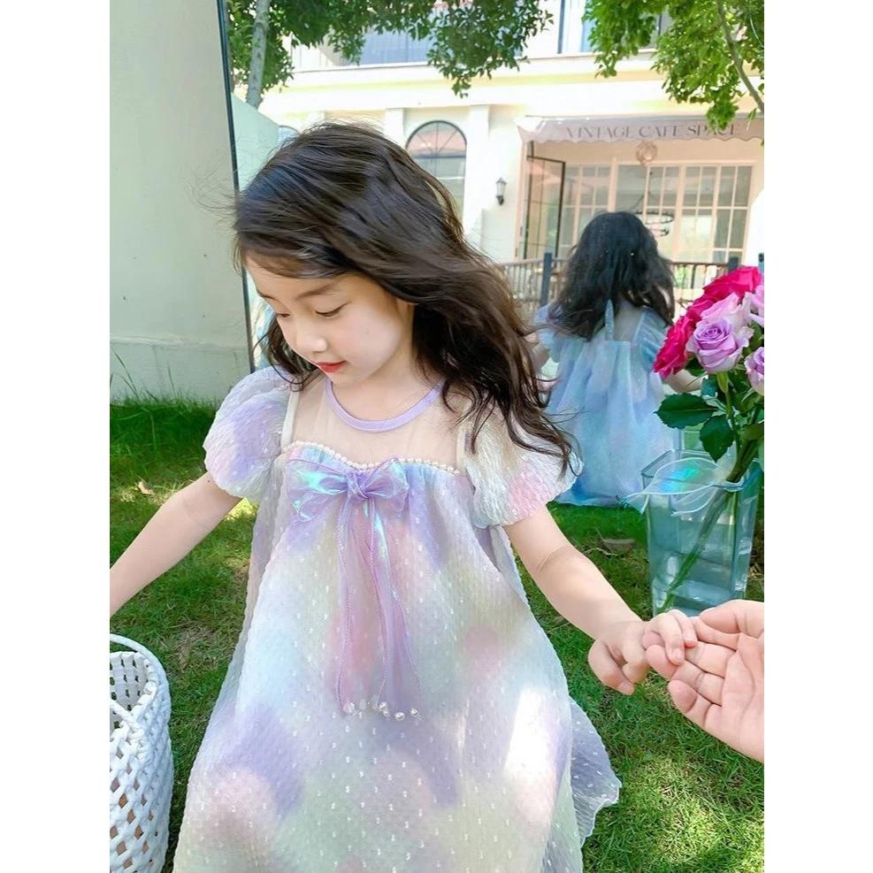 [PRINCESSMankaidi]Mermaid Princess Dress Girls' Summer Outfit Stylish Bow Children's Dress