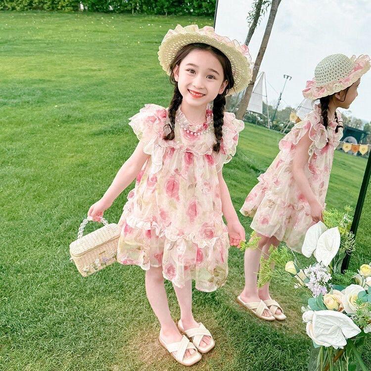 [Princess Mankadi] Dress for kids girl Sweet princess style floral pattern tulle skirt christmas party outfit