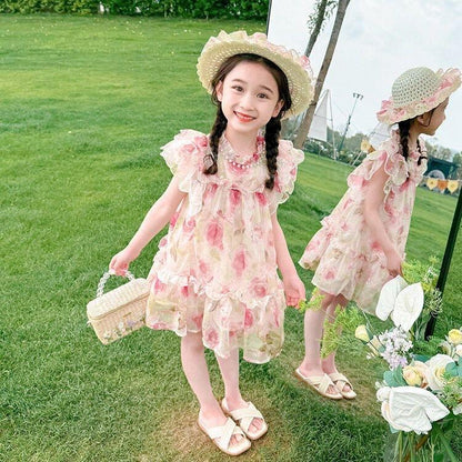 [Princess Mankadi] Dress for kids girl Sweet princess style floral pattern tulle skirt christmas party outfit