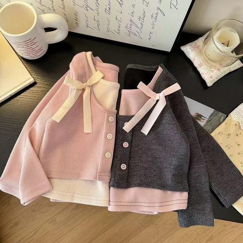 [PRINCESSMankaidi] 2-11 Years Old Sweet Girls Fake Two Piece Shirt Summer Bow T-shirt Cute Stretch